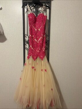 Angela & Alison Red Lace Bodice Cream Tulle Mermaid Dress
